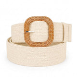Women Belts For Dresses, Elastic Straw Rattan Waist Band With Large Buckle, CBeige, Fit Waist Below 37 Inch