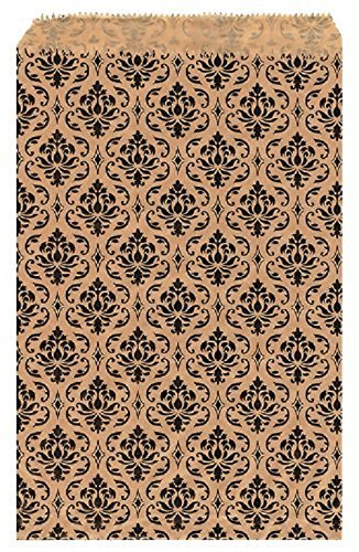 100 Pcs 6 X 9 Damask Paper Gift Bags Shopping Sales Tote Bags Brown With Black Damask Design