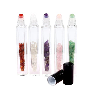 10ml Gemstone Roller Square Bottles Refillable Roll On Bottles Healing Crystal Chips Inside For Perfumes Aromatherapy Oils 5pack