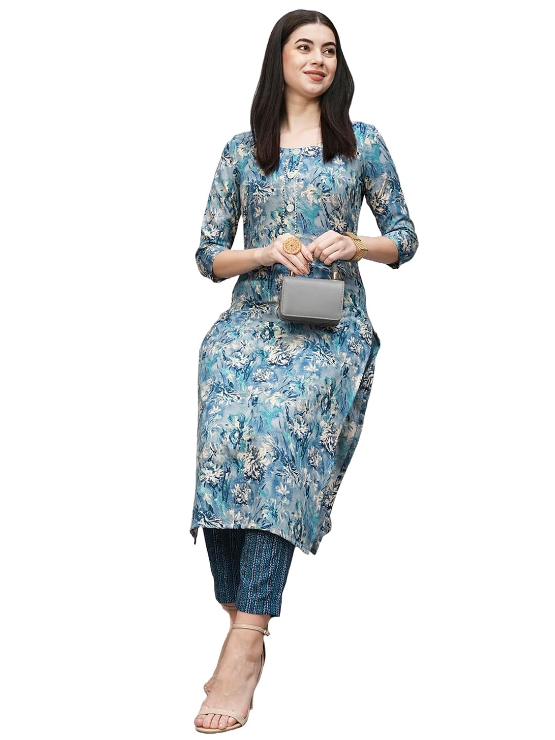 Anni Designer Women'S Cotton Blend Straight Printed Kurta With Pant (Seep Blue_M_Blue_Medium),Blue,M
