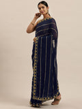 Shasmi Womens Designer Black Georgette Embroidered Fashion Designing Saree For Women (Kk) (Navy Blue)