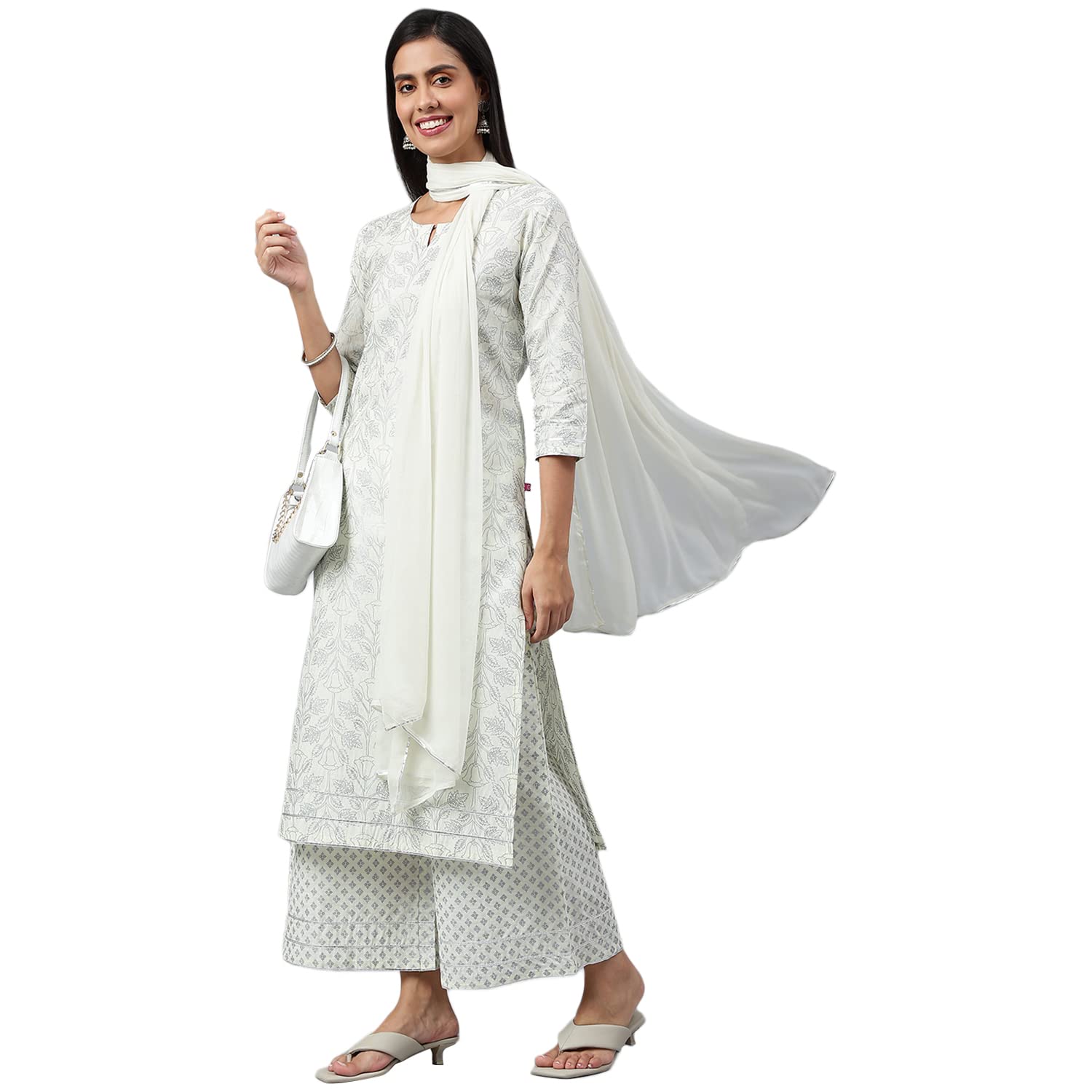 Anni Designer Women'S Cotton Blend Straight Printed Kurta With Palazzo & Dupatta (Suchi Grey_Xxl_Grey_Xx-Large),Grey,2XL