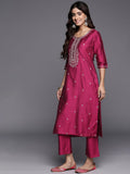 Libas Pink Yoke Design Silk Blend Straight Kurta With Trousers & Dupatta Pink L Gs801