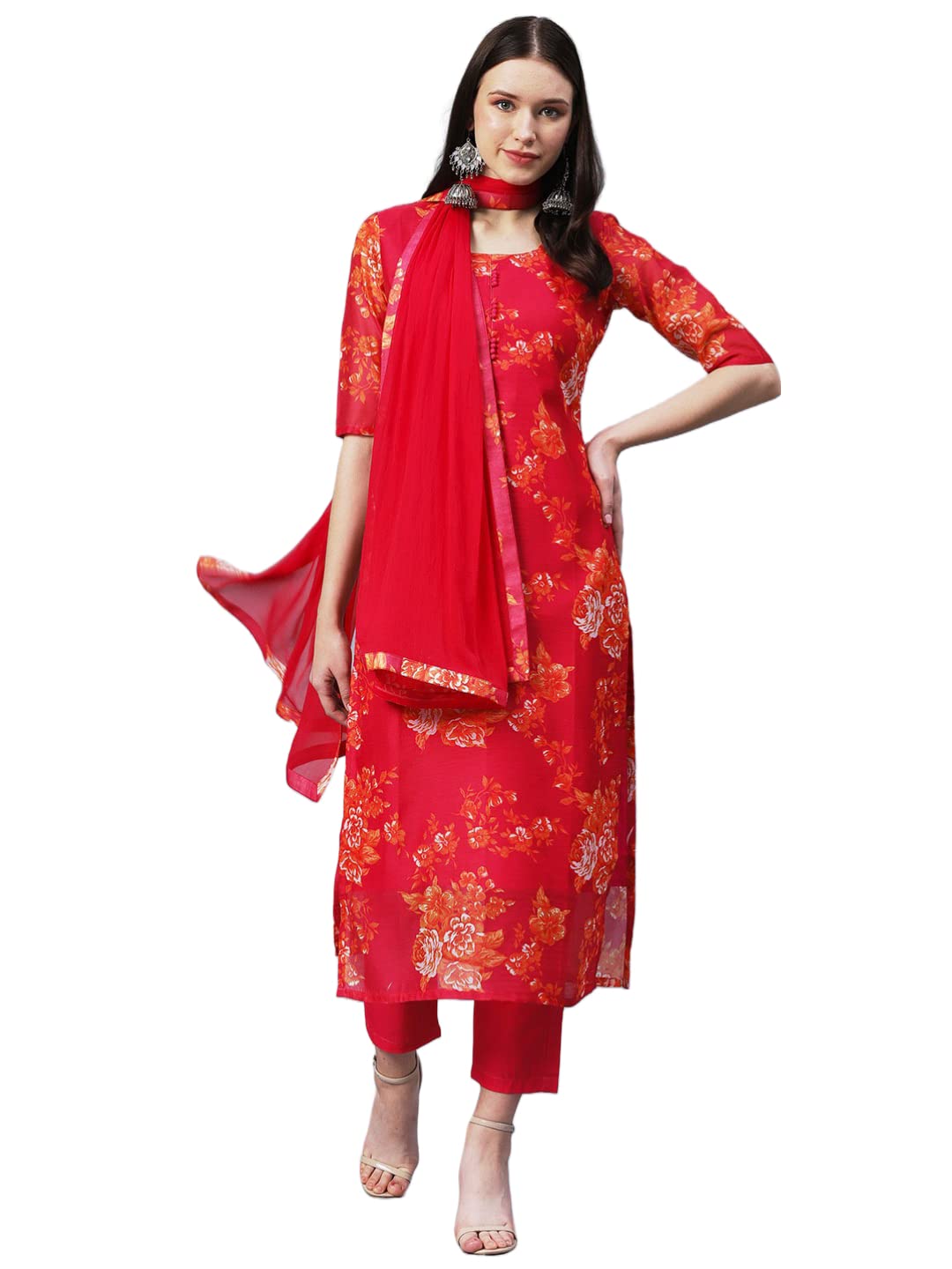 Anni Designer Women'S Chanderi Cotton Printed Straight Kurta With Pant & Dupatta (Aux-Orange_Xl_Pink_X-Large),Pink,XL