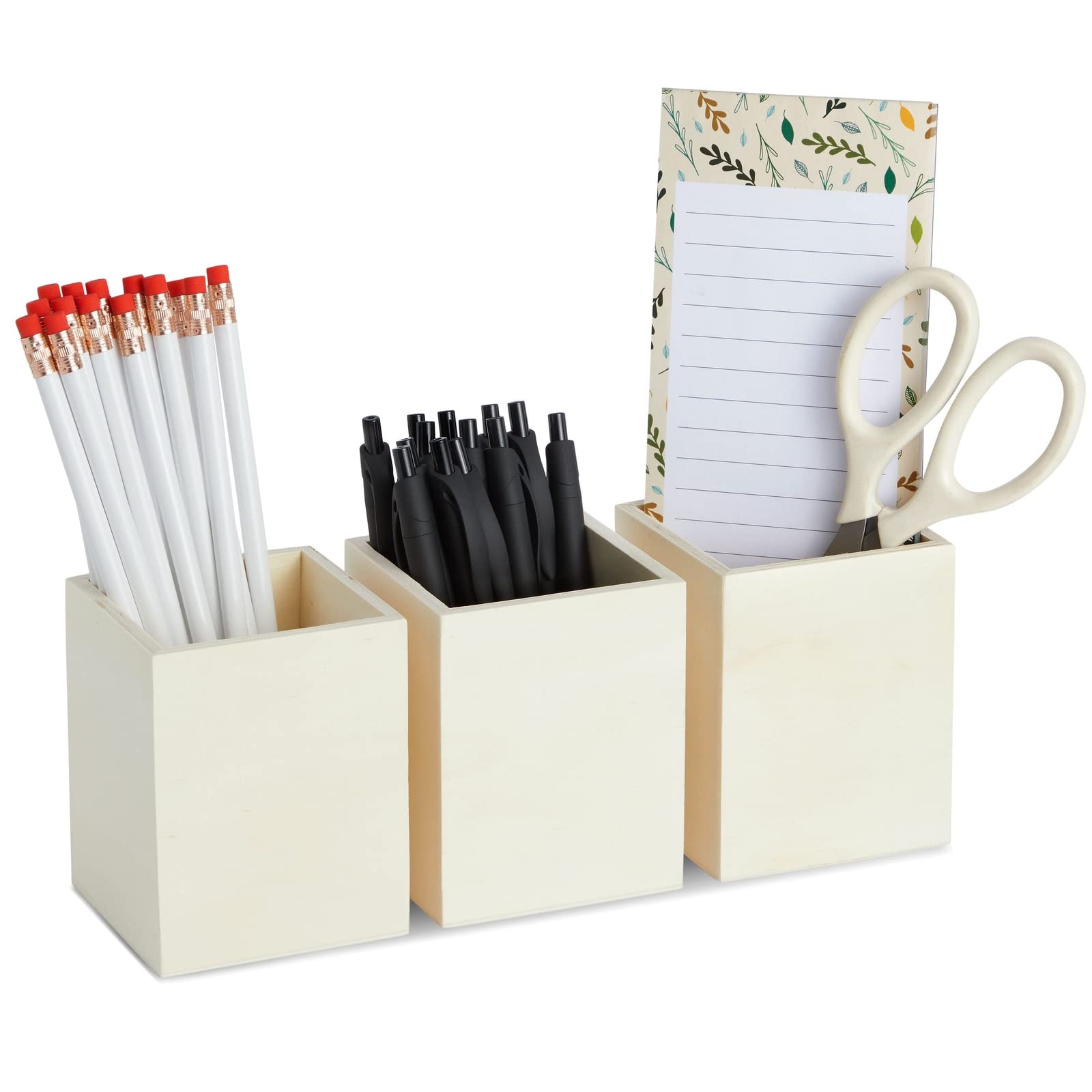 3 Pack Unfinished Wood Pencil Holder Cups For Office - Pen Accessories Organizer And Storage For Classroom Desk (3 In)