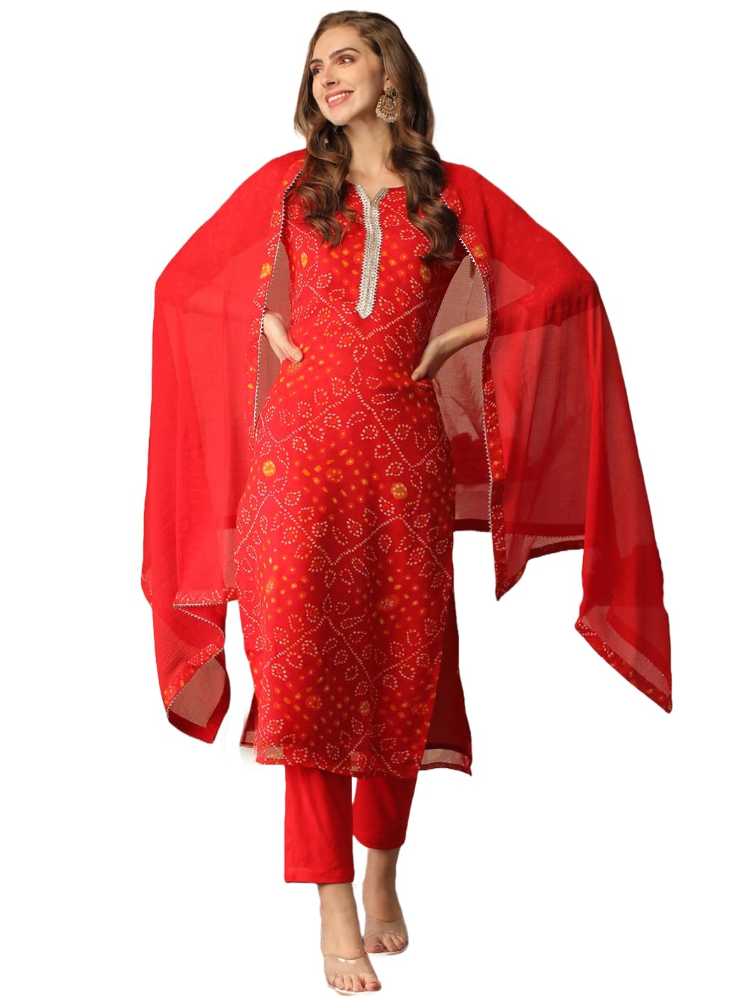 Anni Designer Women'S Cotton Blend Bandhani Printed Straight Kurta With Pant & Dupatta (Turae-Red-Nw_L_Red_Large),Red,L