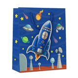 Space Theme Gift Bags for Kids Rocket Artwork Paper Return Gift Bags | Colourful Goodie Bags with Rope Handle for Gifting (Dark