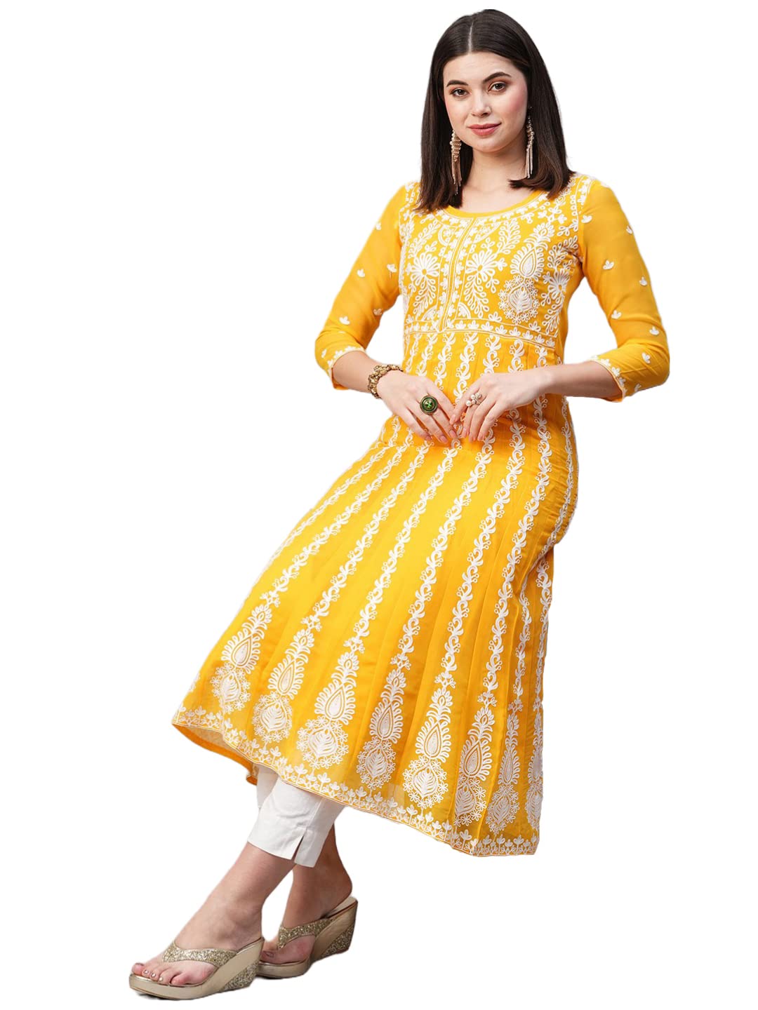 Anni Designer Women'S Georgette Chikankari Embroidered Anarkali Kurti (Naav Yellow-Nw2_Xxl_Yellow_Xx-Large),Yellow,2XL