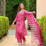 Anni Designer Women'S Cotton Blend Straight Printed Kurta With Pant & Dupatta (Out Pink_Xl_Pink_X-Large),Pink,XL,Cotton Blend,Regular,Dupatta