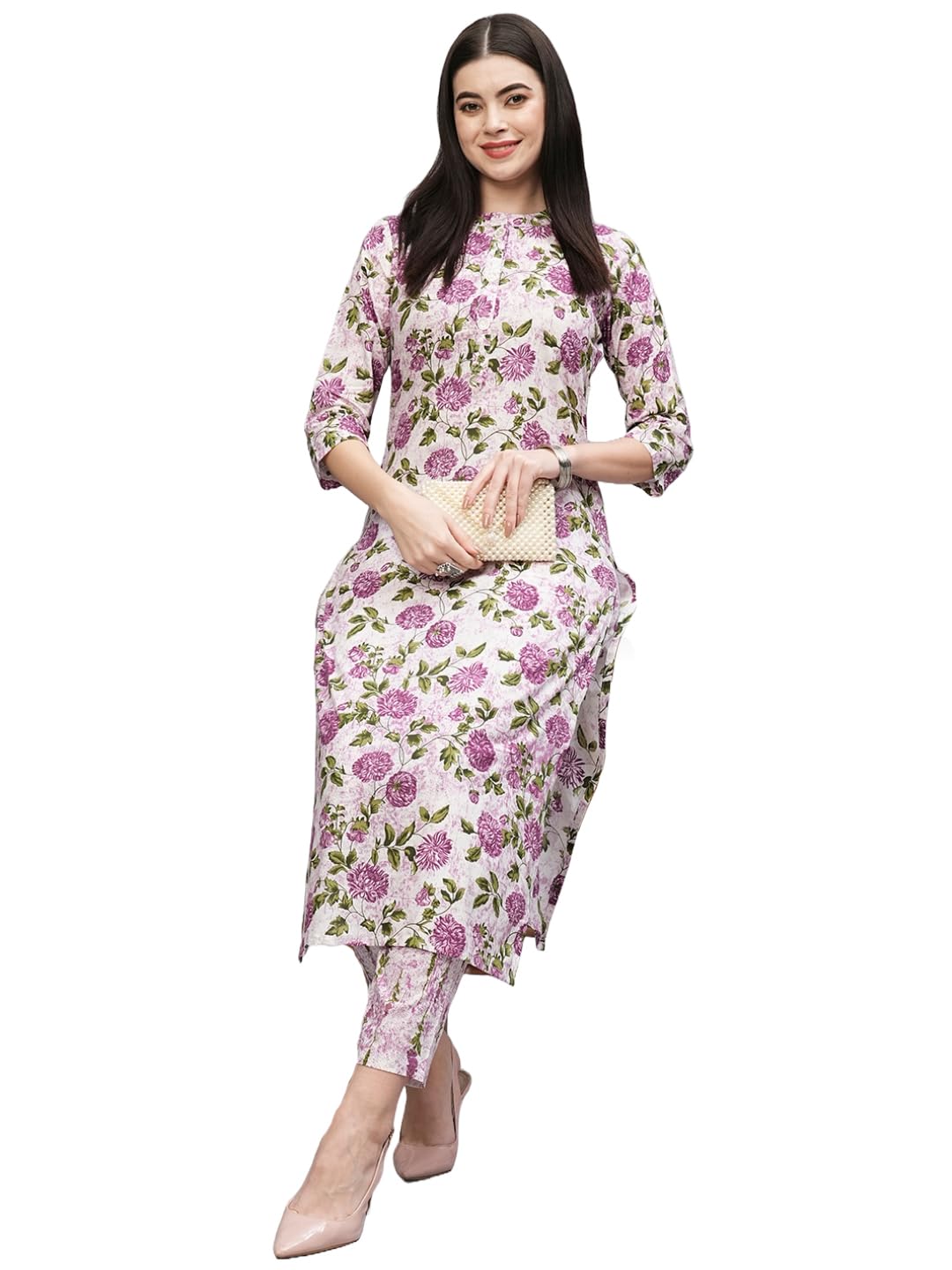 Anni Designer Women'S Cotton Blend Straight Printed Kurta With Pant (Dafiya Purple-Nw_L_Purple_Large),Purple,L