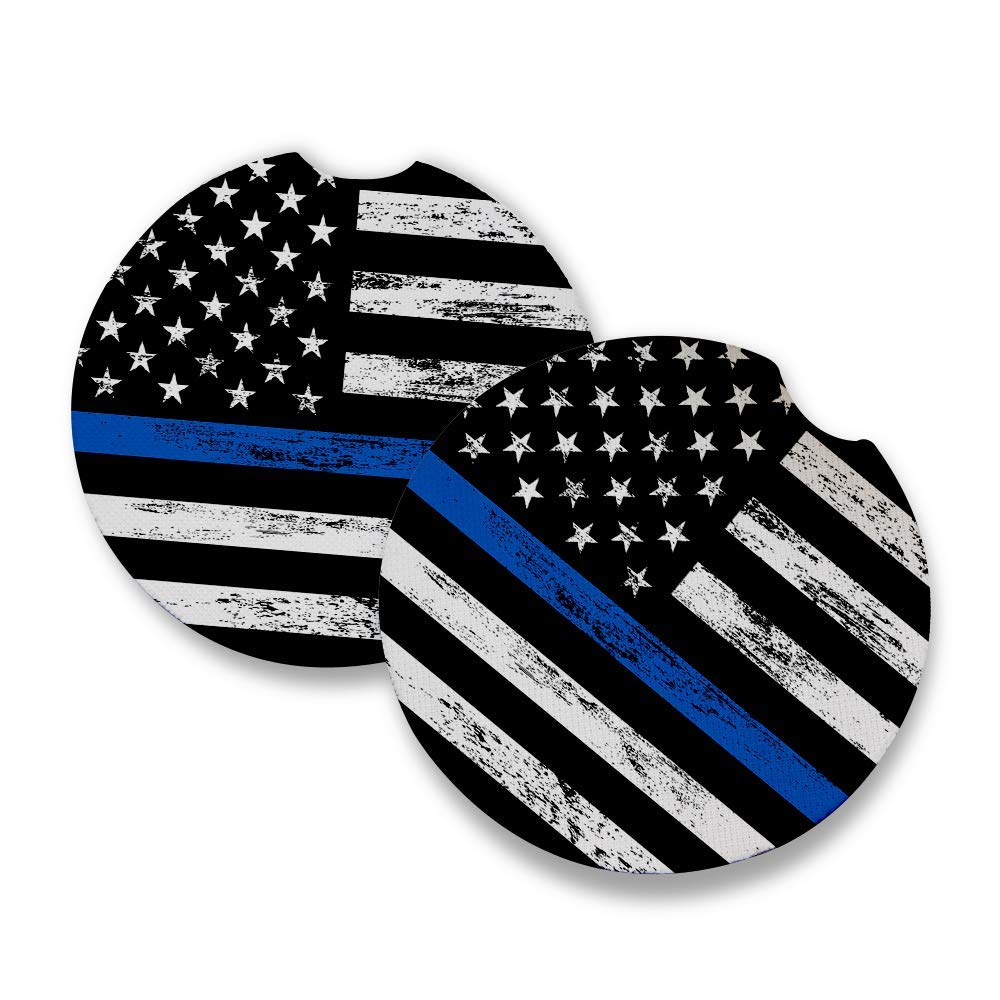 Thin Blue Line Car Coasters For Drinks Set Of 2 Perfect Car Accessories With Absorbent Coasters. Car Coaster Measures 2.56 Inc