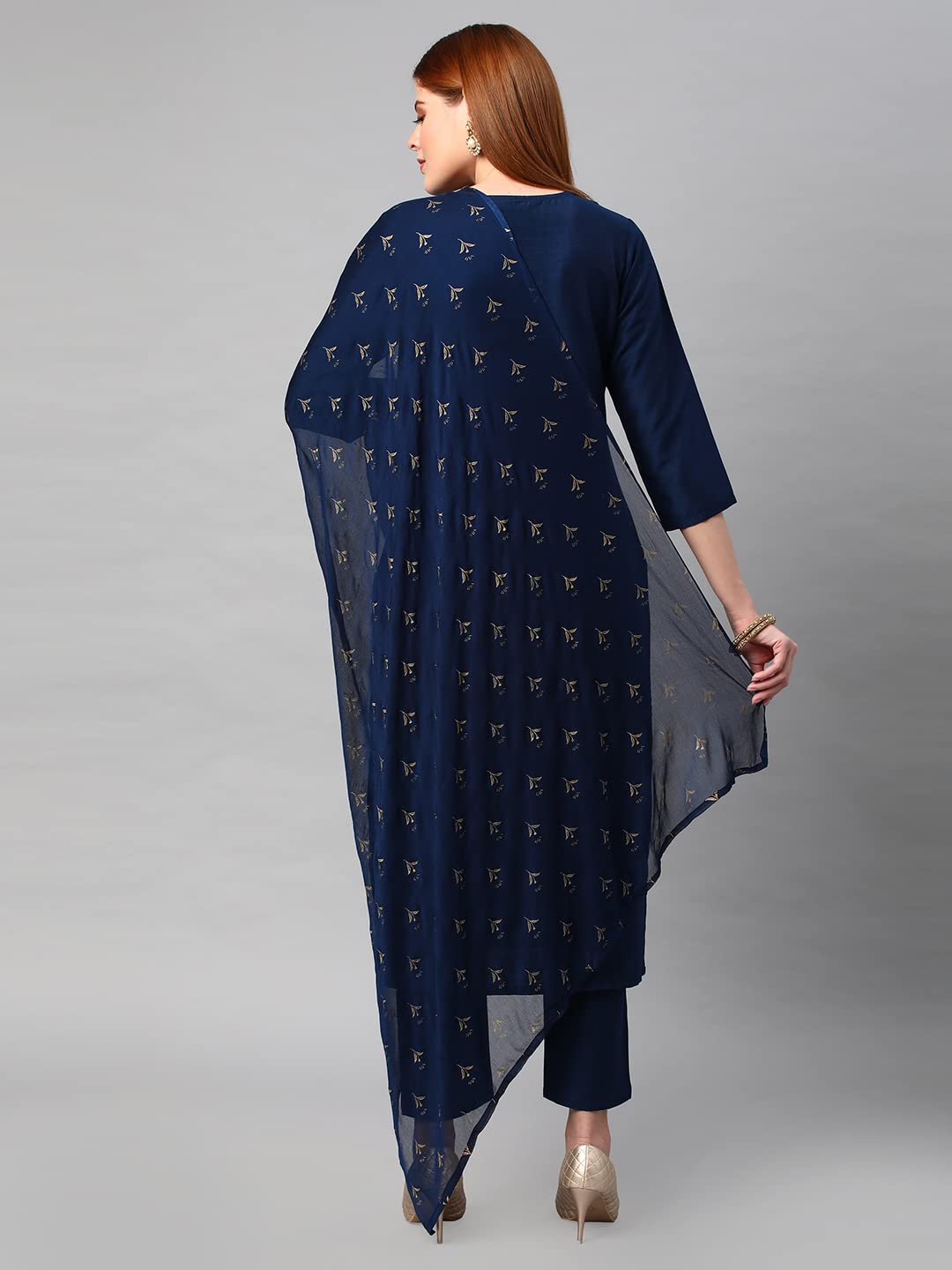 Anni Designer Women'S Cotton Blend Solid Straight Kurta With Pants & Dupatta (Indira-Cerosin_Xl_Dark Blue_X-Large),Dark Blue,XL,Cotton Blend,Regular,Dupatta