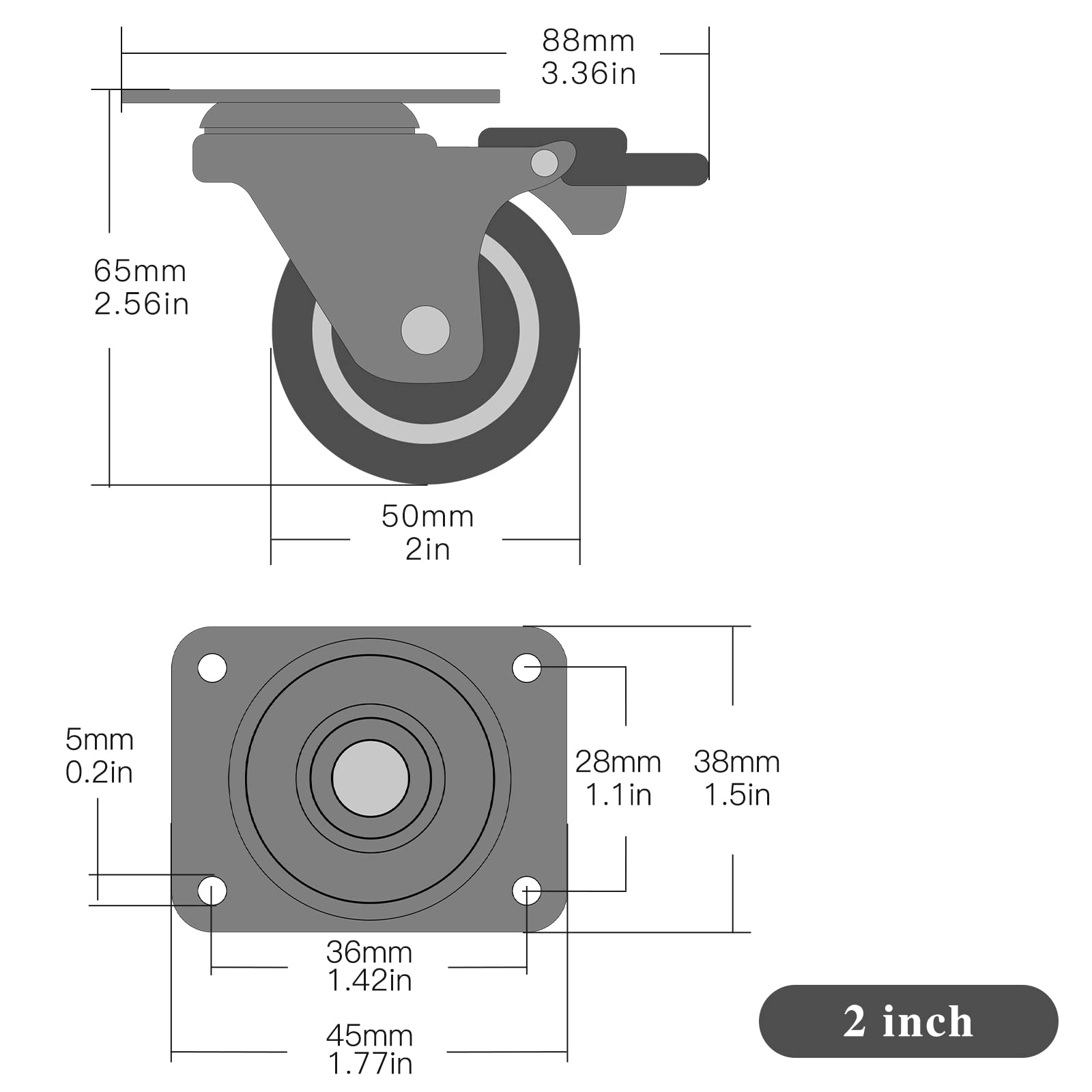 ANDUTEES 2 Caster Wheels Set of 4, Wheels for Carts, Furniture Casters with Brake, No Noise Locking Rubber Wheels, Plate Swive