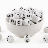 HHCFAST 12mm White Square Letter C Alphabet Silicone Beads, 20Pcs Cube Heart Number Letter Silicone Beads for Keychain Making, I
