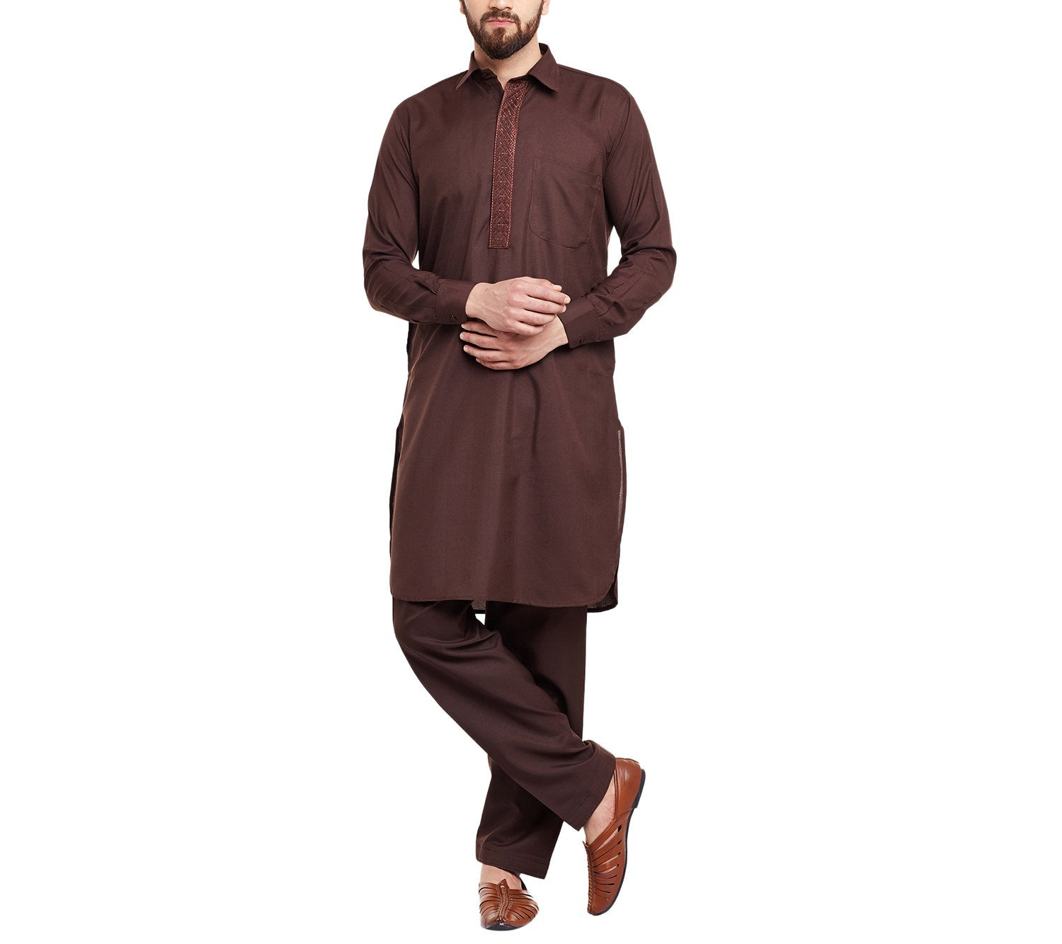 Sojanya (Since 1958 Men'S Brown Cotton Blend Pathani Kurta & Salwar Set Size L