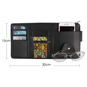 Leather Car Sun Visor Organizer with Net & Zipper, Ultra Light, Ultra Thin Design, Auto Interior Accessories Storage Pocket Pouc