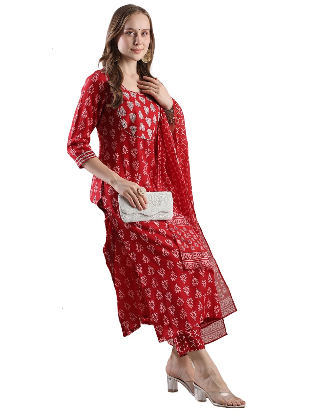 Anni Designer Women'S Rayon Blend Printed Straight Kurta With Pant & Dupatta (Mau Red-Vks02_L_Red_Large),Red,L,,,