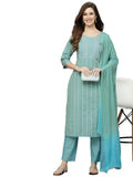 Stylum Women's Woven Design & Embroidered Cotton Blend Straight Kurta with Pant & Dupatta (KPDAQUAFOX36_Sea Green, S)