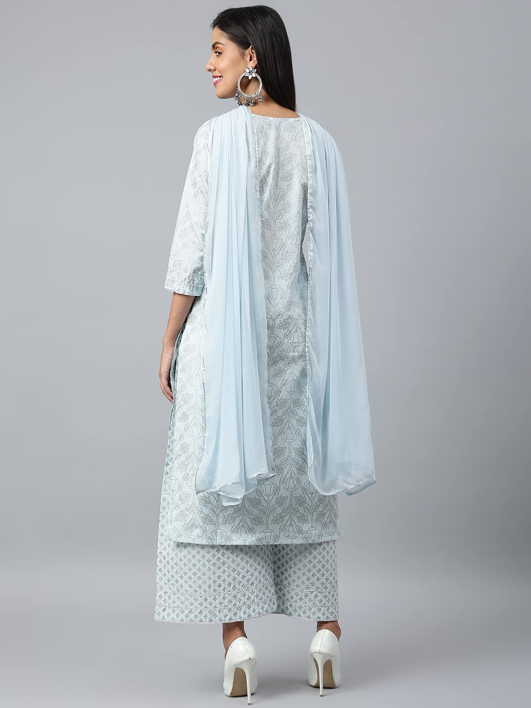 Anni Designer Women'S Cotton Blend Straight Printed Kurta With Palazzo & Dupatta (Suchi Sky Blue_M_Sky Blue_Medium),Sky Blue,M,Cotton Blend,Straight,Dupatta