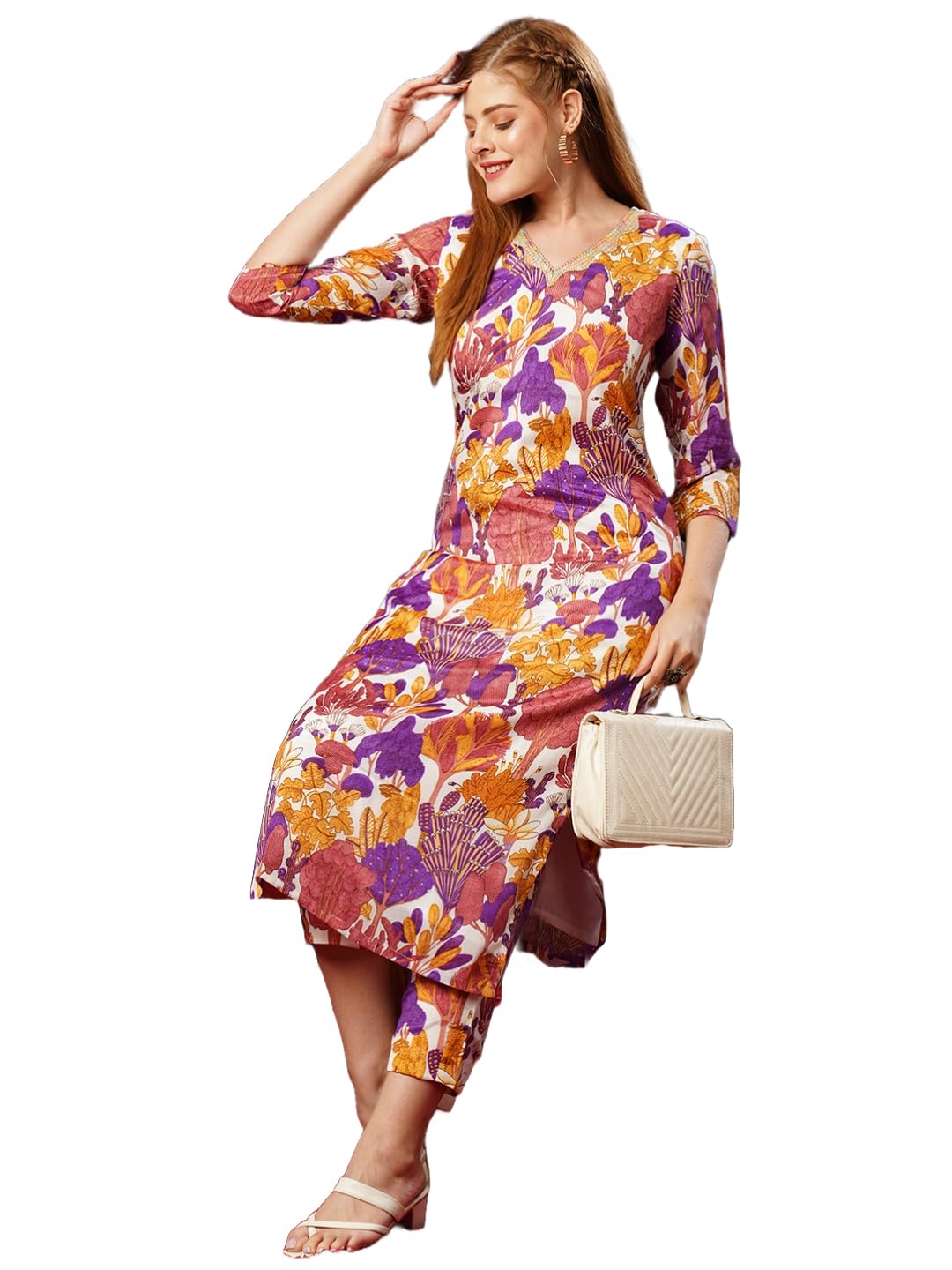 Anni Designer Women'S Cotton Blend Straight Printed Kurta With Pant (Samlok Begani_Xxl_Begani_Xx-Large),Begani,2XL