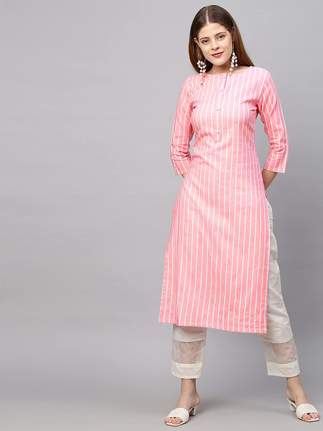 Gosriki Women'S Cotton Blend Printed Straight Kurta (Line Dark Pink_Xxl-Go_Dark Pink_Xx-Large),Dark Pink,2,B0B71DYYR8