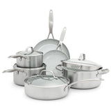 Greenpan Venice Pro 10 Piece Cookware Set Stainless Steel Non-Toxic Pfas-Free With Ceramic Nonstick Coating Induction Suitable Glass Lids Multi Clad Dishwasher & Oven Safe Silver -Like New