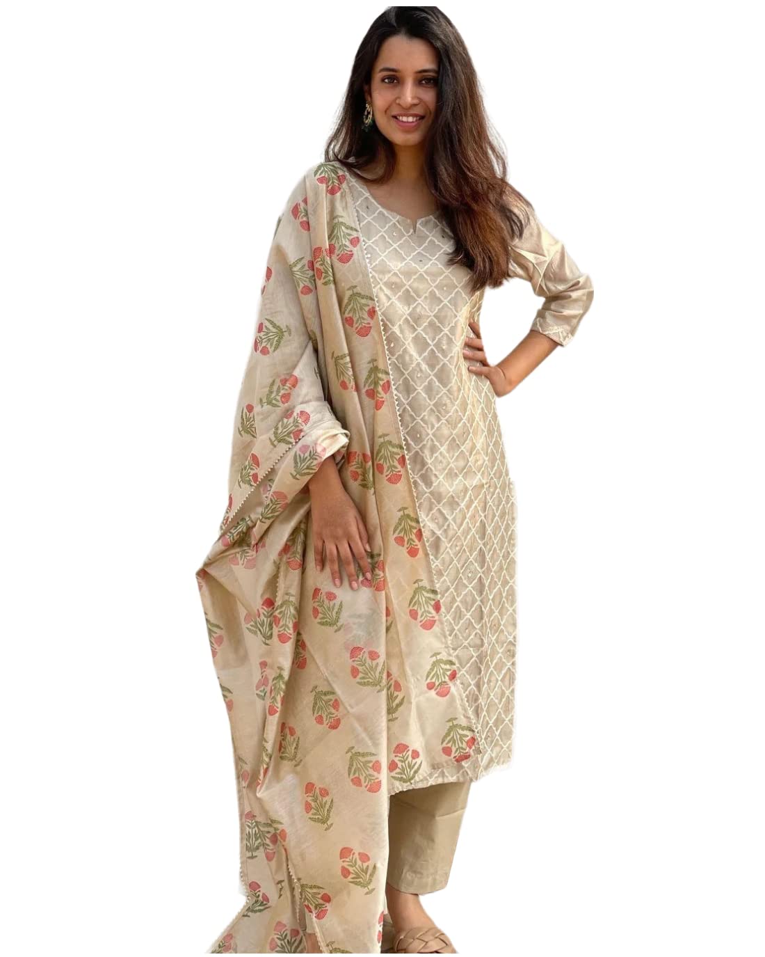 Gosriki Women'S Cotton Blend Embroidered Straight Kurta With Pant & Dupatta (Mysuru-Cream_5Xl-Gs_Cream_Xxxxx-Large),Cream,5,B0BFBC7JKQ