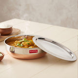 HAZEL 18 Gauge Premium Stainless Steel Tasra Kadai with Copper Bottom and Lid, 1500 ml, Silver & Copper