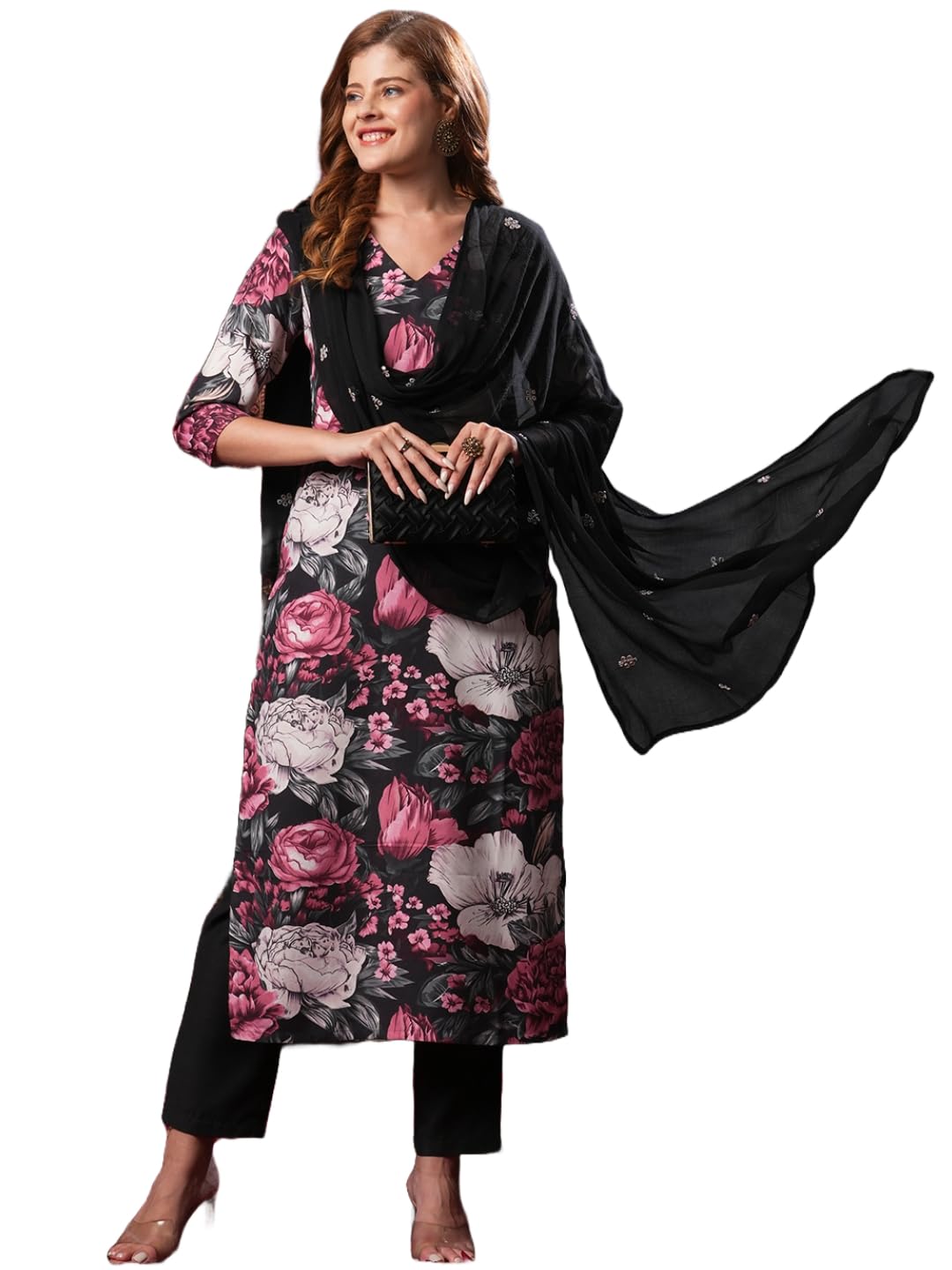 Anni Designer Women'S Rayon Blend Straight Printed Kurta With Pant & Dupatta (Poona Black-Vks01_M_Black_Medium),Black,M