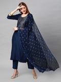 Anni Designer Women'S Cotton Blend Solid Straight Kurta With Pants & Dupatta (Indira-Cerosin_Xl_Dark Blue_X-Large),Dark Blue,XL,Cotton Blend,Regular,Dupatta
