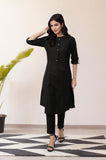 W Black Cotton Blend Solid Straight Long Kurta For Women Black 3Xl