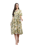 Stylum Womens Floral Printed Cotton Flared Dress, Green, L