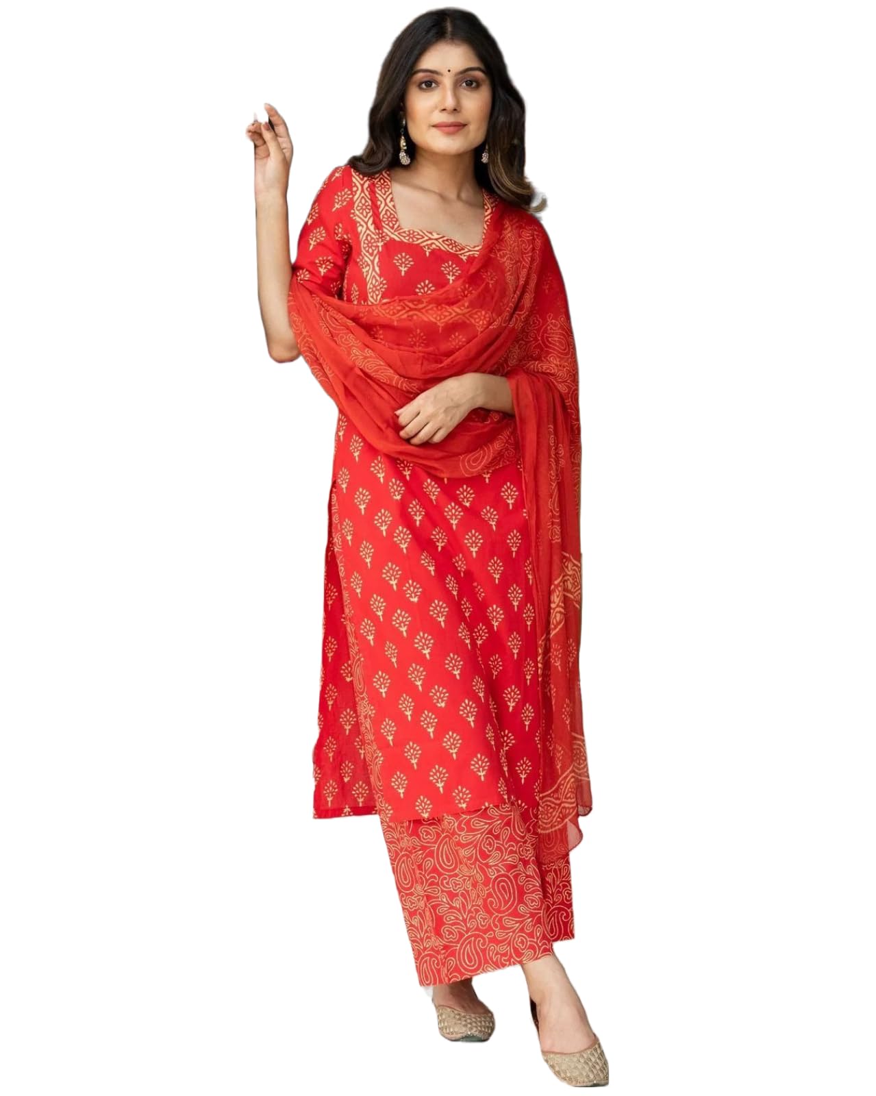 Anni Designer Women'S Cotton Blend Straight Printed Kurta With Palazzo & Dupatta (Parso Red_S_Red_Small),Red,S