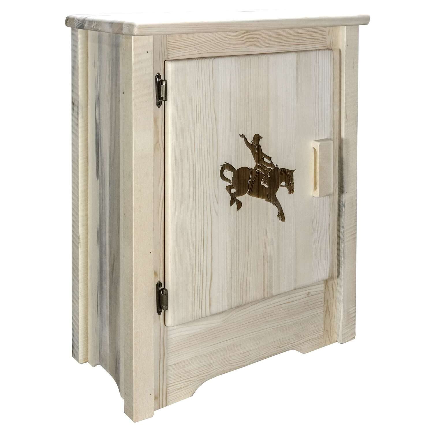 Montana Woodworks Homestead Collection Accent Cabinet With Laser Engraved Bronc Design, Left Hinged, Clear Lacquer Finish