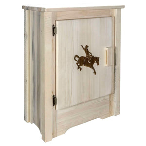 Montana Woodworks Homestead Collection Accent Cabinet With Laser Engraved Bronc Design, Left Hinged, Clear Lacquer Finish