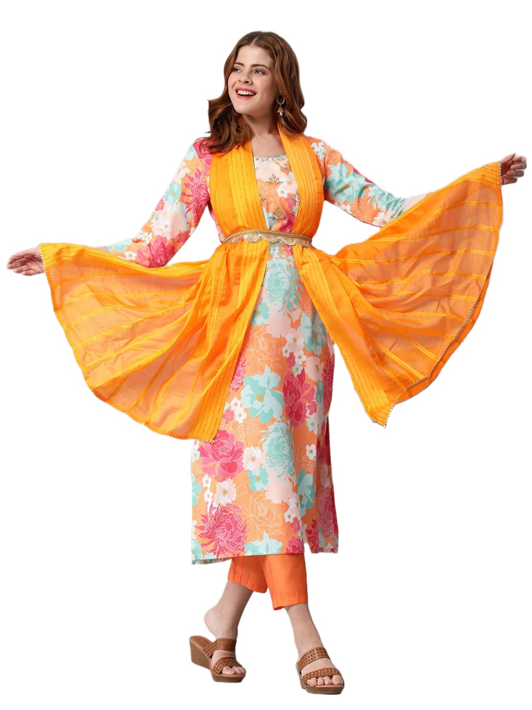Anni Designer Women'S Cotton Blend Embroidered Floral Printed Straight Kurta With Pant & Dupatta (Litup-Orange-Nw2_S_Orange_Small),Orange,S