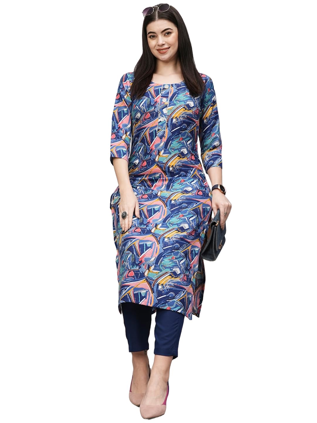 Anni Designer Women'S Cotton Blend Straight Printed Kurta With Pant (Uop Blue-Nw_S_Blue_Small),Blue,S