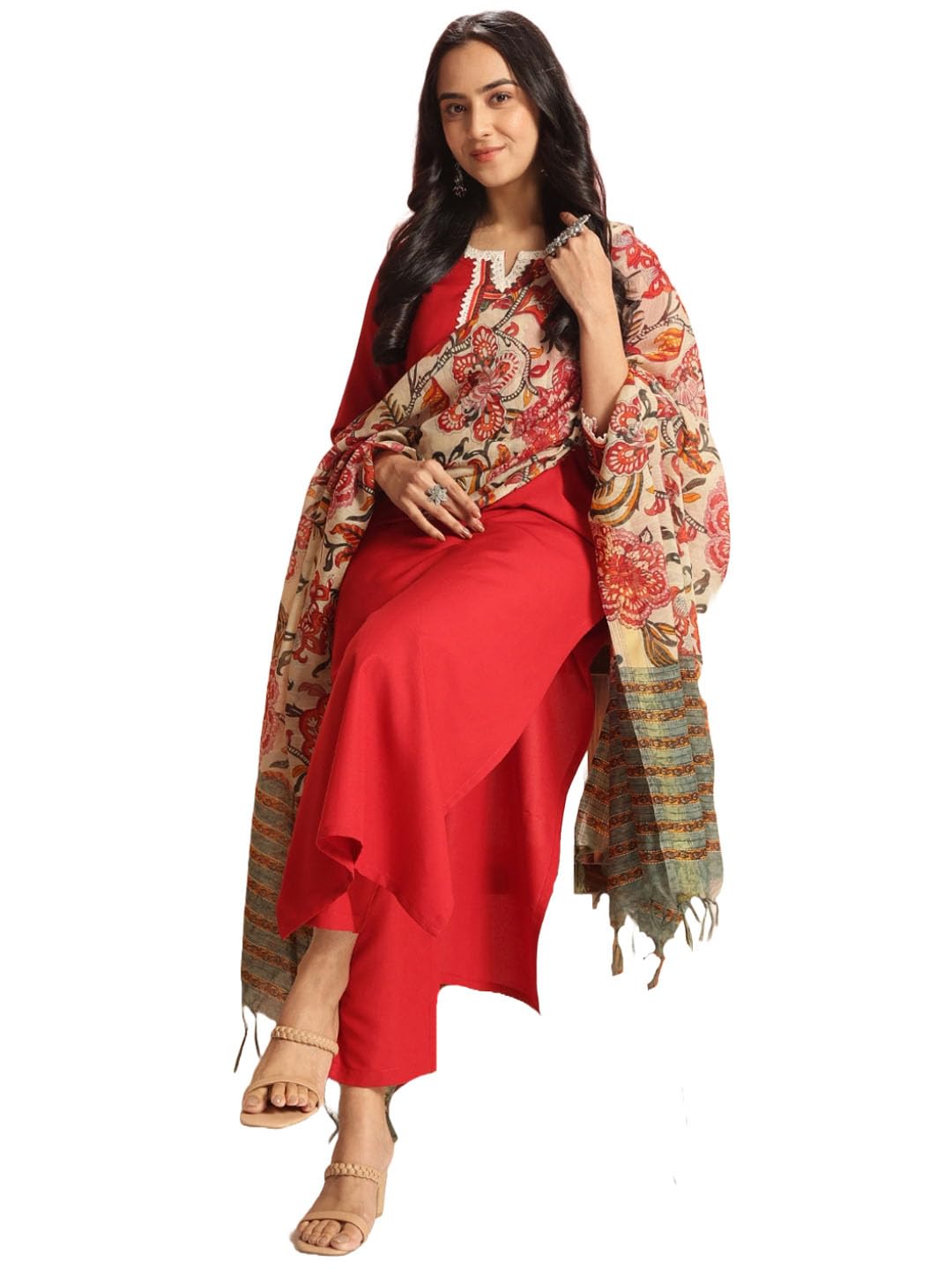 Anni Designer Women'S Rayon Viscose Floral Straight Kurta With Pant & Dupatta (Dhar-Clrs-Rb_Red_Large),Red,L