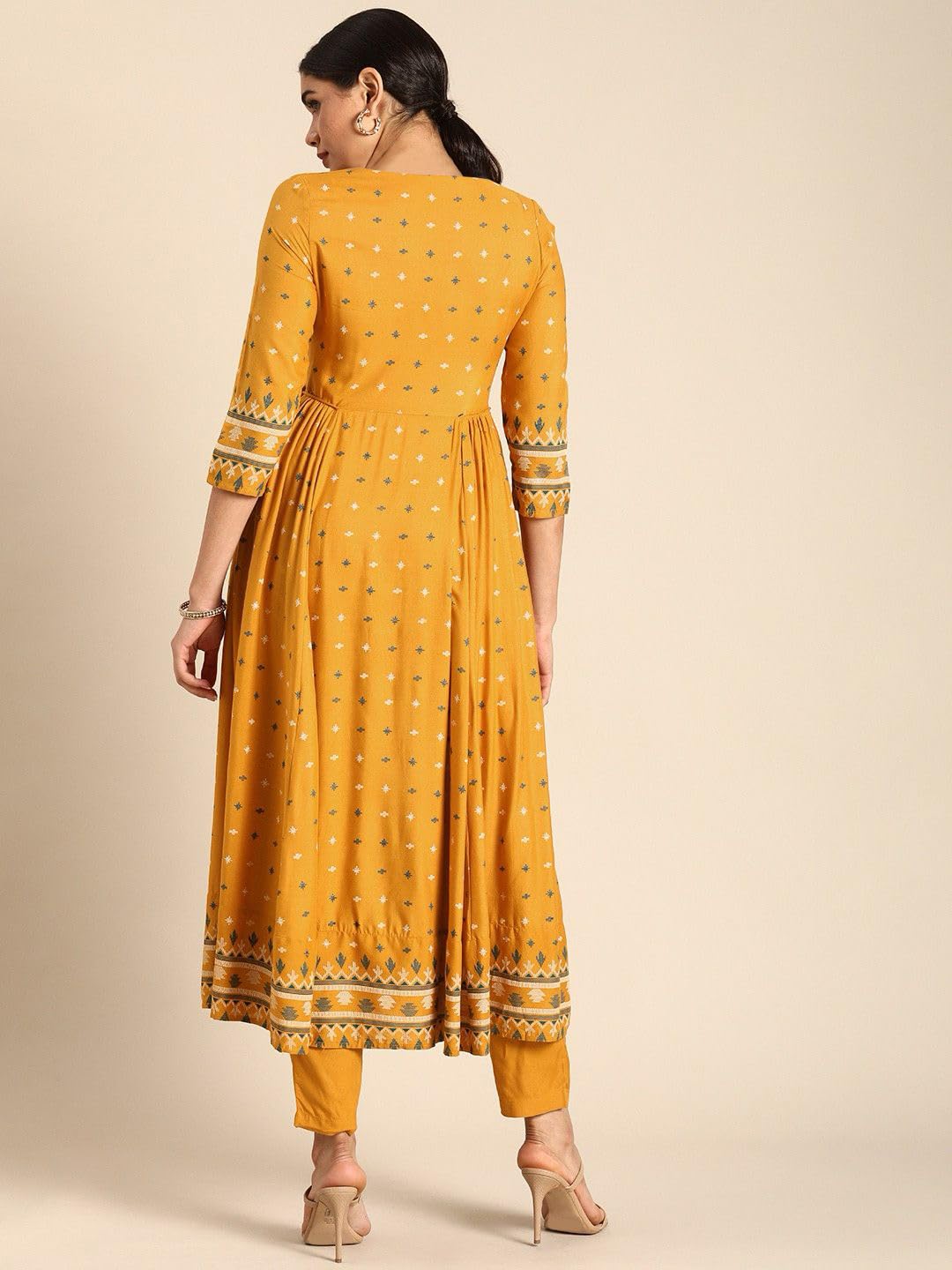 Anni Designer Women'S Rayon Viscose Anarkali Printed Kurta With Pant (Dawara Yellow_Xxl_Yellow_Xx-Large),Yellow,2XL,Rayon,Anarkali,