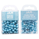 JAM PAPER Colorful Push Pins - Flat & Round Head Thumb Tack Combo Set - Baby Blue Pushpins - 200/Pack