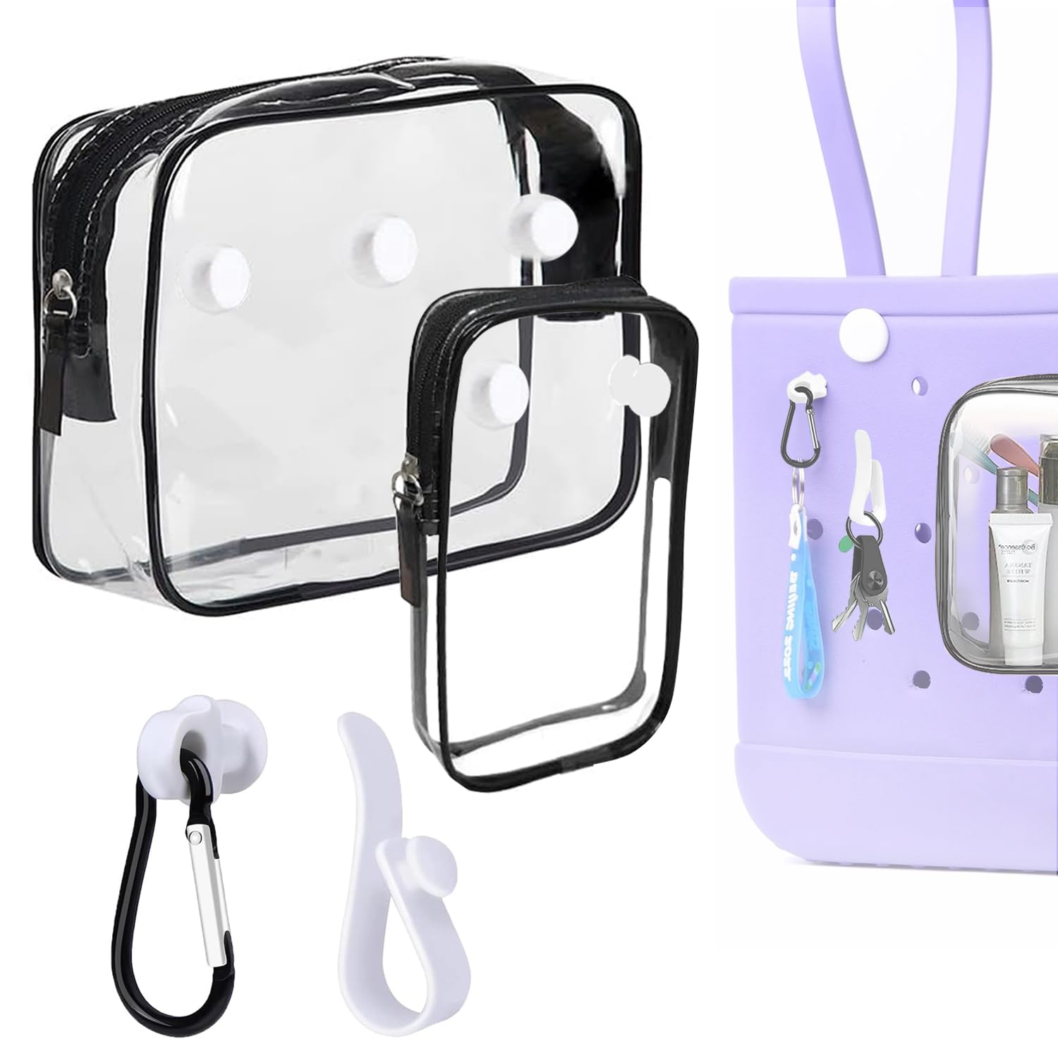 Everfunny 2 Packs Clear Bogg Beach Tote Bag with 2 Pack Insert Hooks Accessories for Bogg Bags Travel Makeup Clean Toiletry Brus