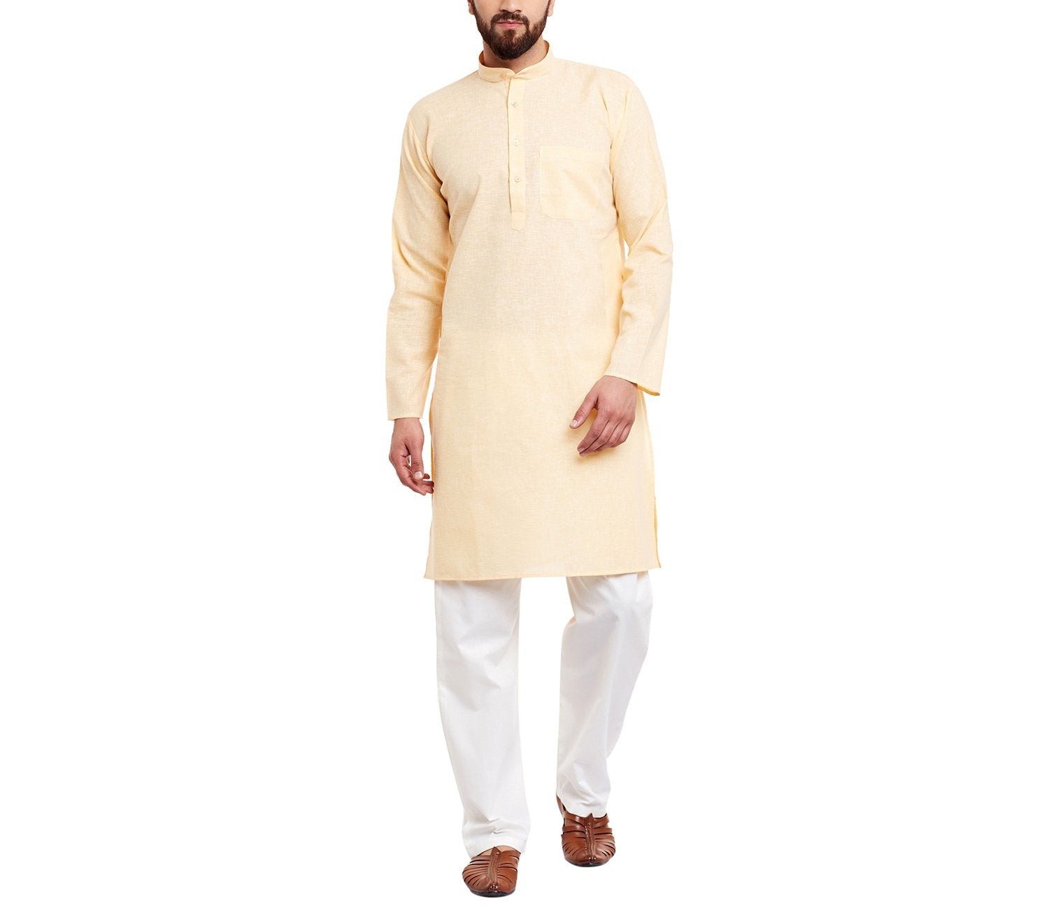 Sojanya (Since 1958 Men'S Yellowcotton Linen Kurta Pyjama