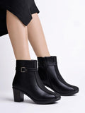 Women'S Black Faux Leather Ankle Boots With Mid Heel And Buckle Strap Side Zipper Comfort Booties For Fall & Winter Eu38,Black,5,B0D5R4L1BB