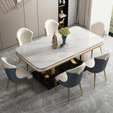 Vandana Interiors Modern 63 White Dining Table with Rectangular Sintered Stone Tabletop, Gold Legs, Dual-Circle Base, for Kitchen and Dining Room