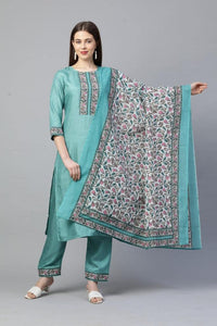 Gosriki Women'S Silk Blend Straight Kurta With Pant & Dupatta (Deal-Sea-Green_L-Go_Green_Large),Green,,B09NRM9V61