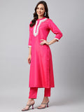 Anni Designer Women'S Cotton Blend Straight Embroidered Kurta With Pant & Dupatta (Jagtara Pink_Xl_Pink_X-Large),Pink,XL,Cotton Blend,Straight,Pants, Dupatta