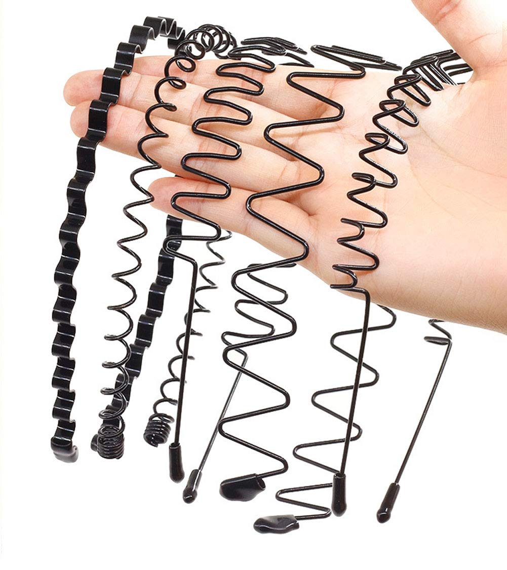 Teppylony 5 Pcs Men Women Sports Headband Unisex Black Wavy Metal Hair Hoop Headwear Accessories
