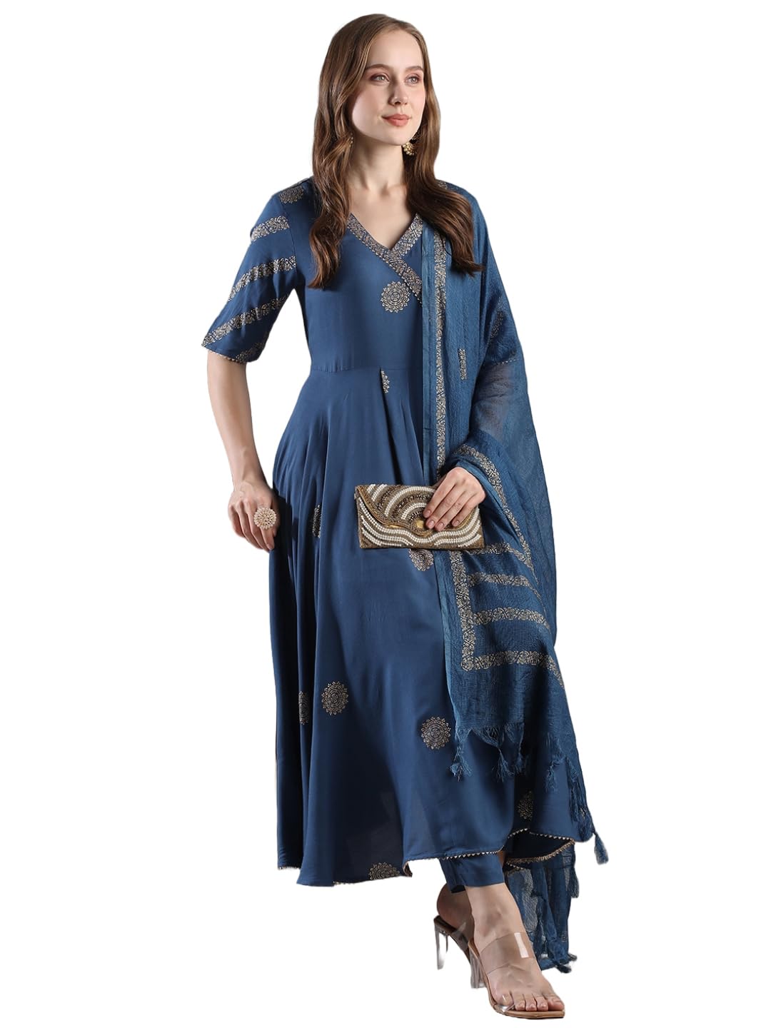 Gosriki Women'S Rayon Blend Anarkali Printed Kurta With Pant & Dupatta (Berlin Kerosin-Vks05-Gs_M_Dark Blue_Medium),Dark Blue,,B0DJWHHSRC