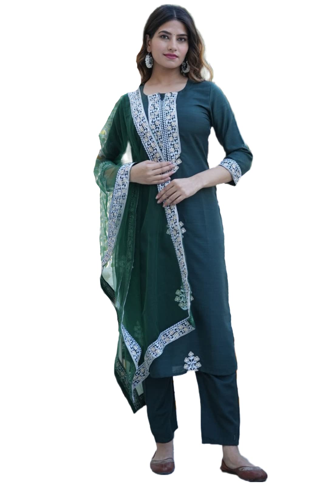 Anni Designer Women'S Cotton Blend Floral Regular Kurta With Pant & Dupatta (Tistha Jan40_Green,Green,XL