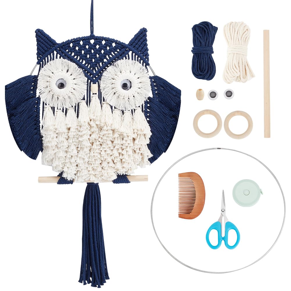 FREEBLOSS DIY Macrame Owl Kit with Video Tutorial Macrame Wall Hanging Ornament Boho Wall Hanging Decor Navy Blue&White Macrame 